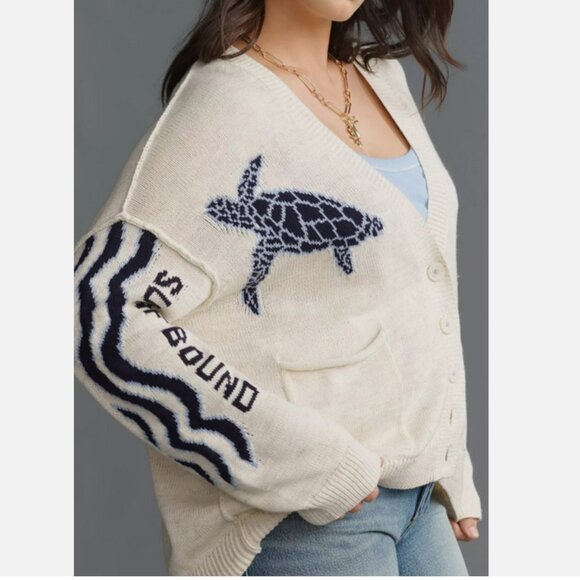 Anthropologie Pilcro Sea Turtle Cardigan Sweater Surf Bound Nautical Size 2X NWT - Picture 3 of 11